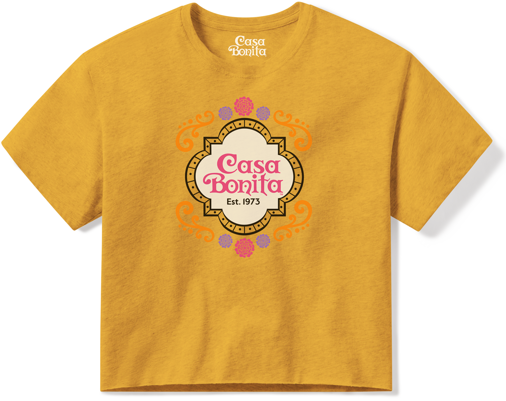 Casa Bonita Women's Yellow Scroll Crest Clothesline Crop T-Shirt