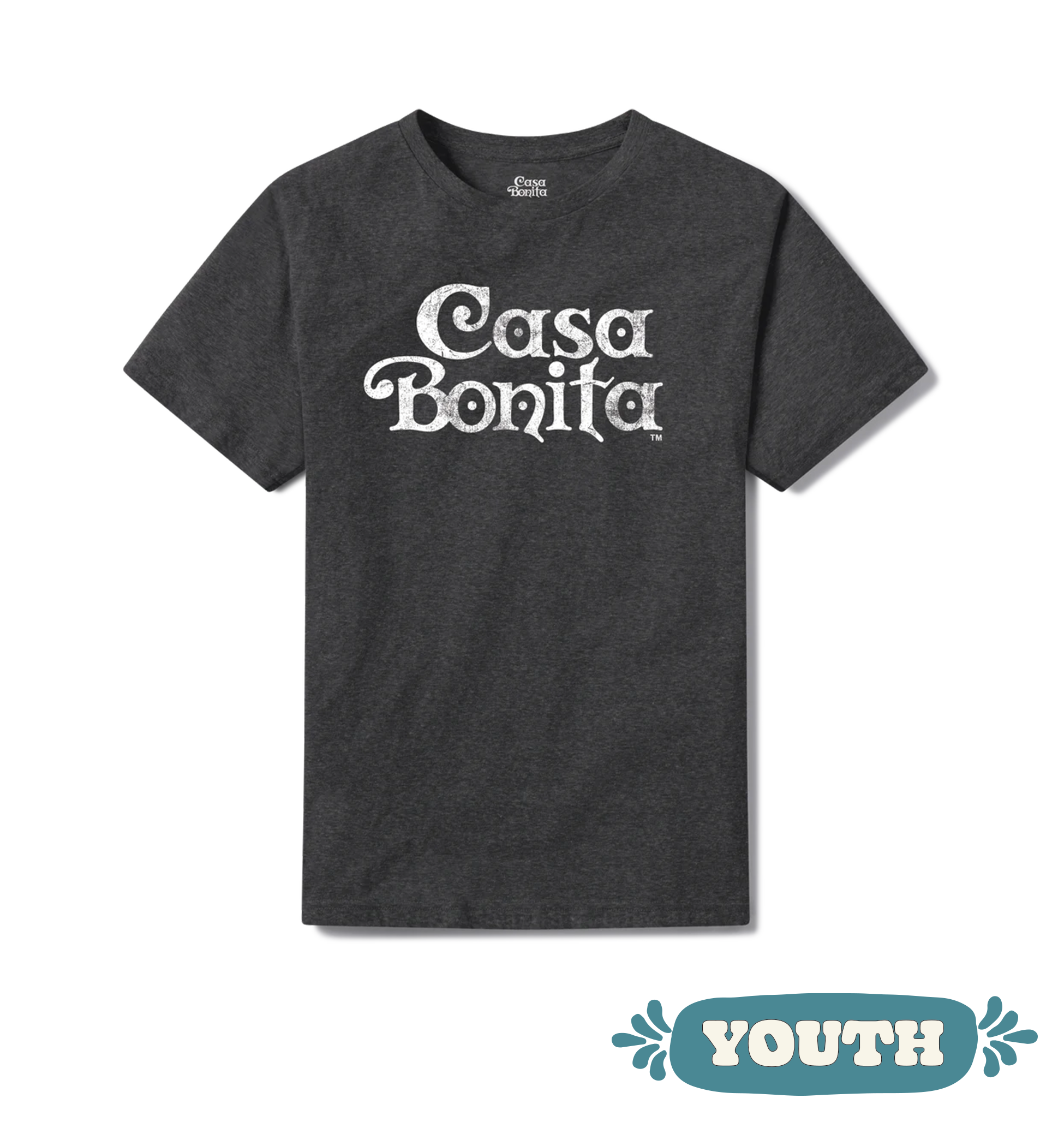 Casa Bonita Youth Charcoal Distressed White Logo T-Shirt