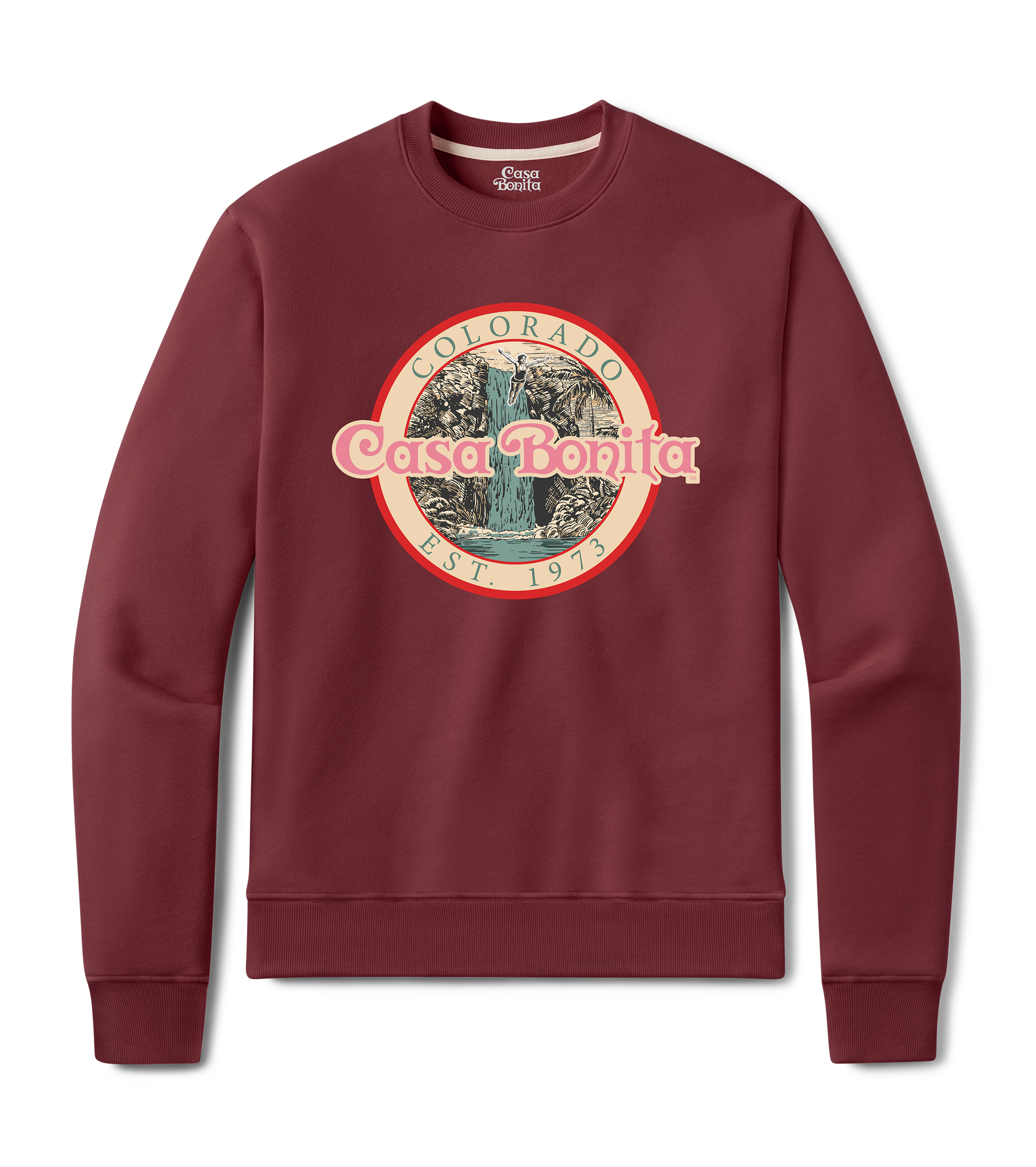 Casa Bonita Maroon Vintage Waterfall Crewneck Sweatshirt