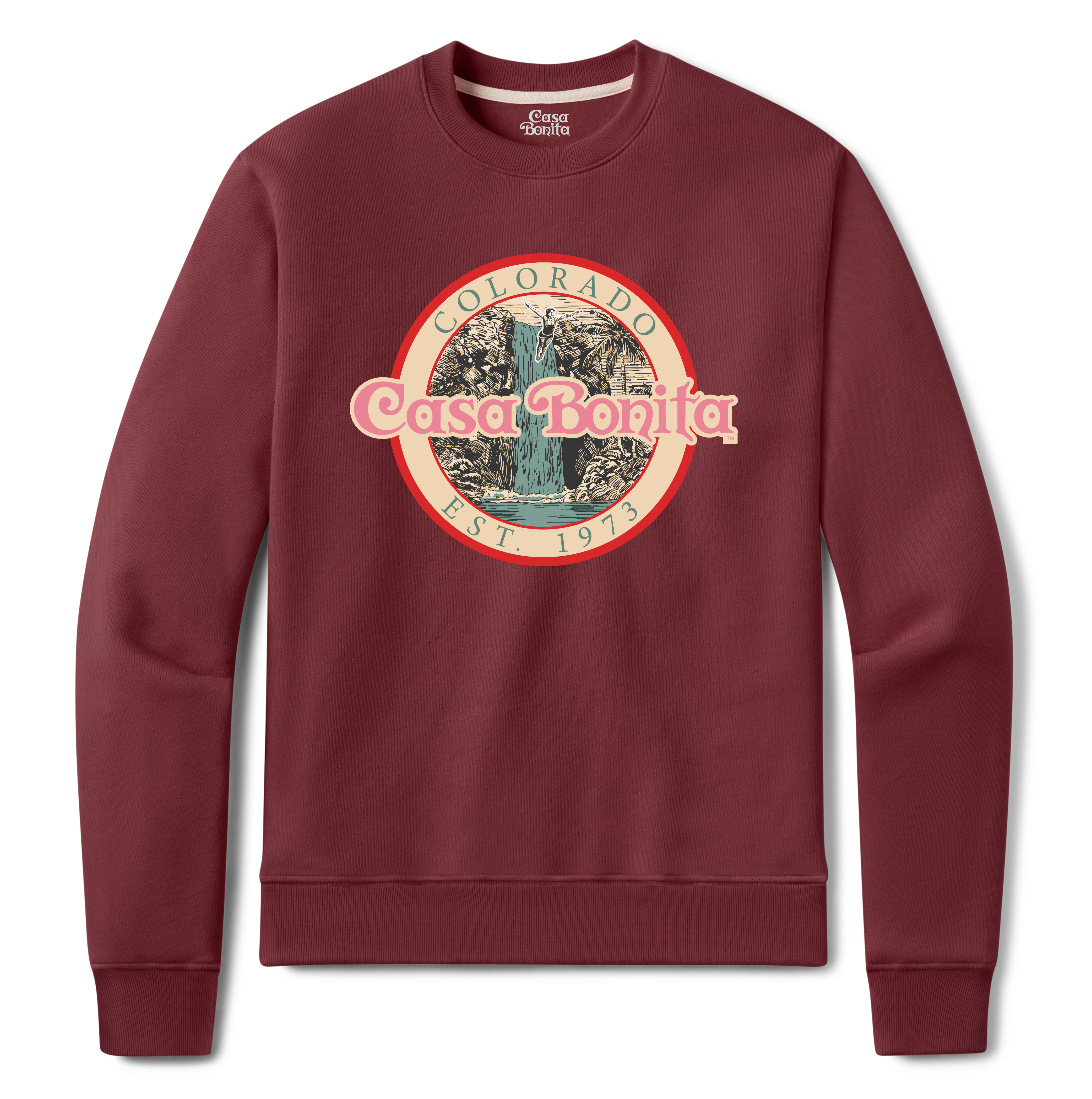 Casa Bonita Maroon Vintage Waterfall Crewneck Sweatshirt